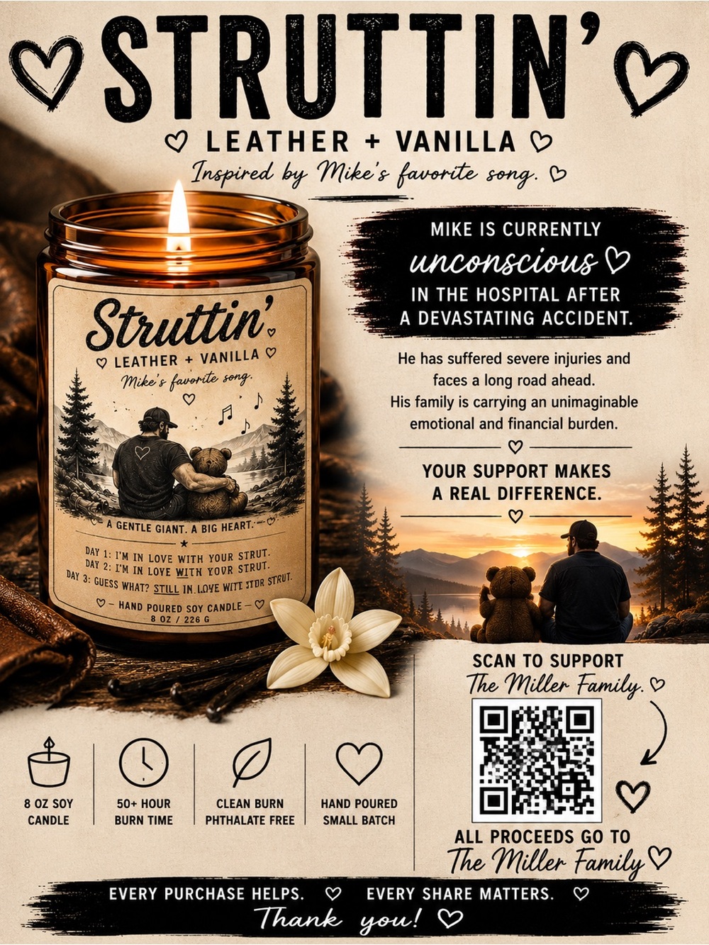 💗BUY NOW 💗STRUTTIN’ Candle/Leather + Vanilla Fundraiser Candle for Mike & Family